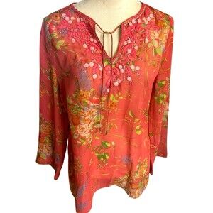 CAbi Womens Silk Floral Embroidered Embellished Coral Tie Neck Sheer Top…